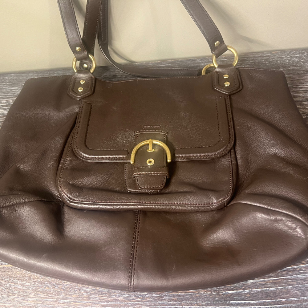 Vintage Coach Hampton Belle Brown Carry All Bag with Brass Buckle Outside Pocket